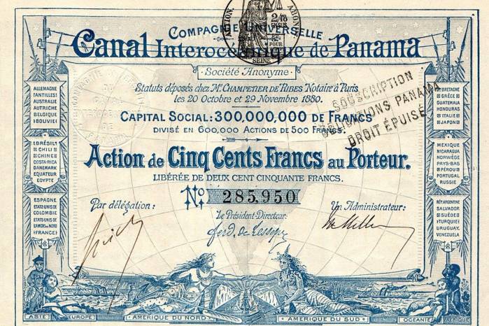 Bono de cinco centésimos emitido por la Compañía Universal del Canal Interoceánico de Panamá.