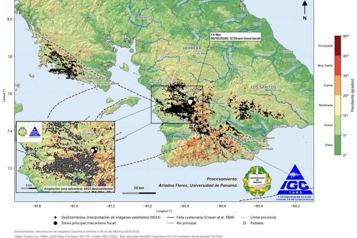 Deslizamientos satelitales: Vista satelital del satélite Sentinel-2 que muestra grietas y deslizamientos en Azuero.