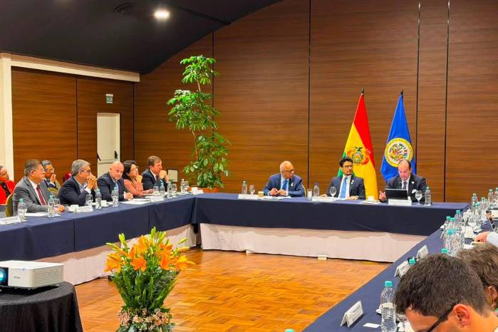 De izquierda a derecha: el secretario general de la Organización de los Estados Americanos (OEA), Albert Ramdin; el canciller de Bolivia, Fernando Aramayo; y el ministro de Relaciones Exteriores de Panamá, Javier Martínez-Acha Vásquez, durante actividades de la Misión de Alto Nivel de la OEA en Bolivia.