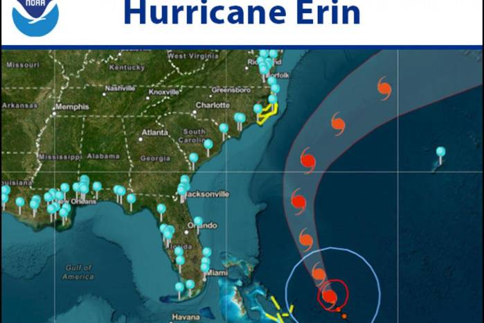 La trayectoria del Huracán Erin en la costa este de los Estados Unidos.