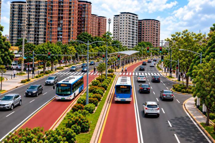 Imagen ilustrativa modificada con inteligencia artificial en el entorno Los Libertadores. Representa una propuesta conceptual de carriles exclusivos para autobuses. No corresponde a un diseño oficial del proyecto.