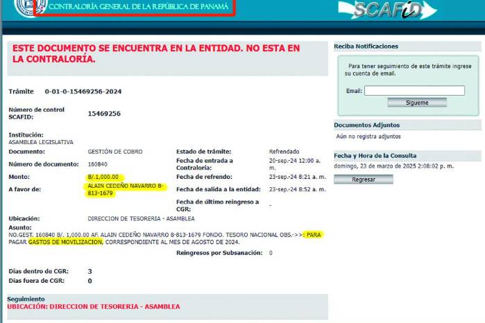 Desembolsos de la Asamblea Nacional en concepto de “movilización” para el diputado suplente Alaín Cedeño Navarro de $1.000 para cada mes, aquí los de agosto y noviembre