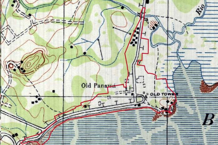 Este mapa de 1943 muestra el sitio de las ruinas de Panamá Viejo como un espacio con una escasa ocupación urbana, la cual estaba contenida hacia el sur del Puente del Rey.