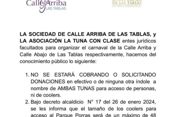 Tunas de Las Tablas no cobrarán por el ingreso al parque Porras durante el Carnaval