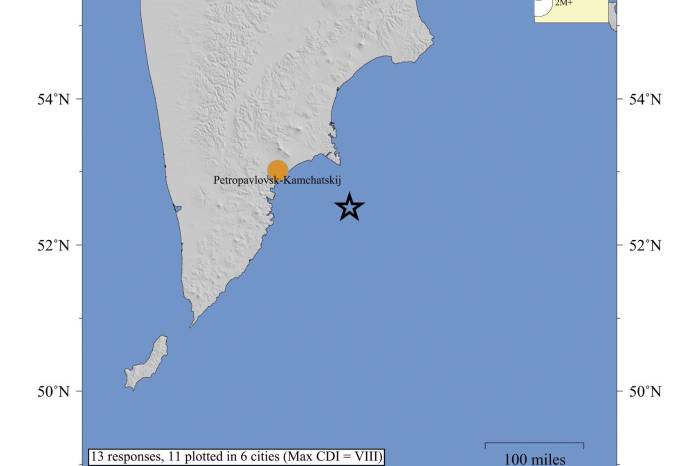 Imagen cedida por el Servicio Geológico de Estados Unidos (USGS) que muestra el punto origen del terremoto de magnitud 8,7 este martes, en la península rusa de Kamchatka (Rusia).