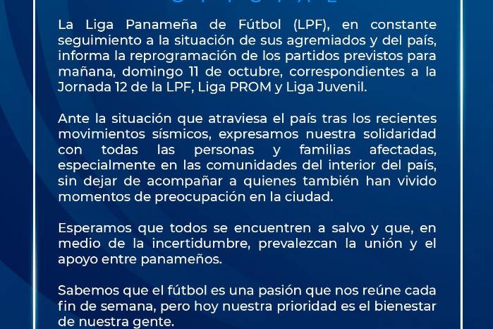LPF reprograma la Jornada 12 del fútbol nacional tras el terremoto