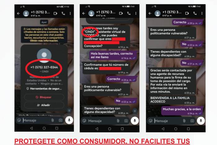 La Acodeco expone suplantación desde el extranjero de su asistente virtual “Sindi”.