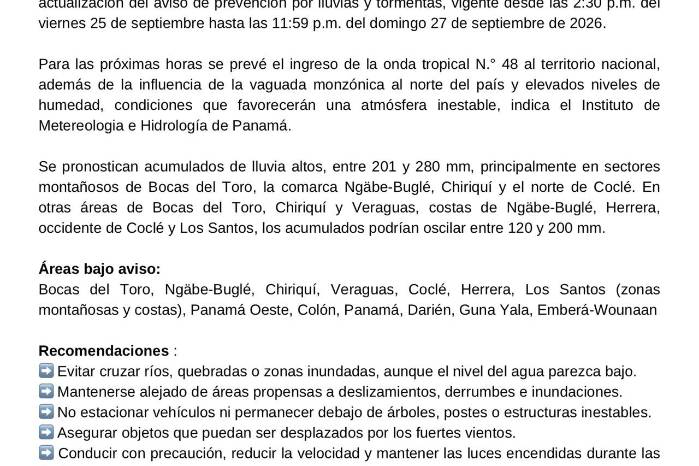 Onda tropical 48 mantiene lluvias intensas este fin de semana, Sinaproc pide precaución