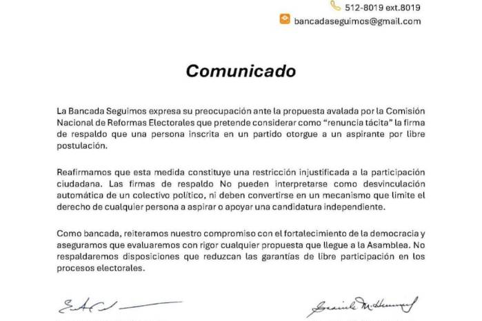 Comunicado divulgado por los diputados de la bancada Seguimos.