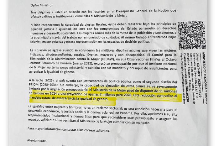 Carta presentada por organizaciones feministas al MEF y la Asamblea Nacional.