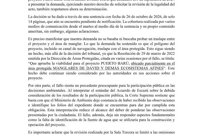 Puerto Barú: Organizaciones ambientalistas se pronuncian tras fallo de la Corte