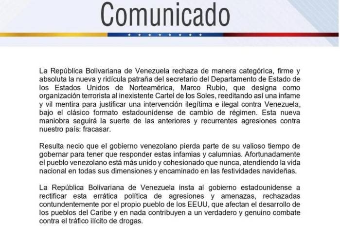 Comunicado lanzado esta mañana por las autoridades venezolanas.
