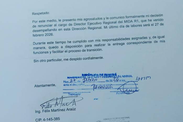 Carta de renunica de Félix Martínez Araúz al cargo de director del MIDA R1.