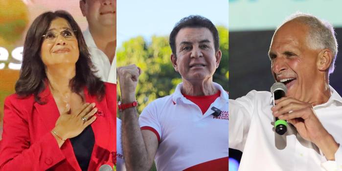 Combo de fotografías de archivo que muestra a los candidatos a la Presidencia de Honduras, la oficialista de izquierda Rixi Moncada (i) y los derechistas Salvador Nasralla (c) y Nasry Asfura.
