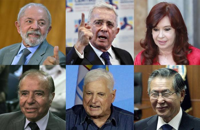 Combo de fotografías de archivo que muestra, desde la izquierda-arriba, al presidente de Brasil, Luiz Inácio Lula da Silva, y a los expresidentes de Colombia, Álvaro Uribe; de Argentina, Cristina Fernández de Kirchner. Abajo, a los expresidentes de Argentina, Carlos Menem; de Panamá, Ricardo Martinelli, y de Perú, Alberto Fujimori. Uribe, condenado este viernes a 12 años de prisión domiciliaria, se suma a una larga lista de exmandatarios latinoamericanos que han recibido largas condenas en lo que va de este siglo.
