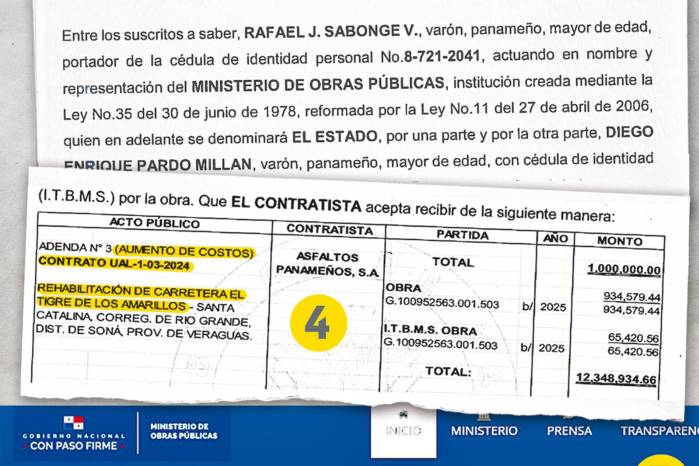 En marzo de 2025, Andrade, ministro de Obras Públicas, firma la adenda 3 con el representante de Asfaltos Panameños y se encarece la obra a $12,3 millones