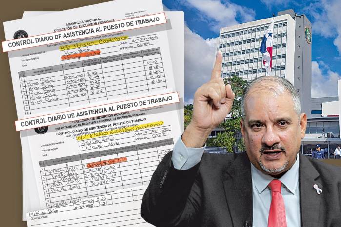 Un collage donde aparece Jorge Herrera, presidente de la Asamblea Nacional, quien avaló estas planas de asistencia pese a la promesa del contralor Flores de que todos los funcionarios marcarían su asistencia en el reloj digital.