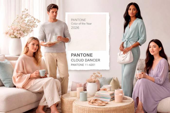 Propuesta visual inspirada en el Pantone Color of the Year 2026, Cloud Dancer, un blanco etéreo combinado con tonos pastel y neutros que refuerzan la sensación de calma, ligereza y equilibrio en moda, diseño y estilo de vida.