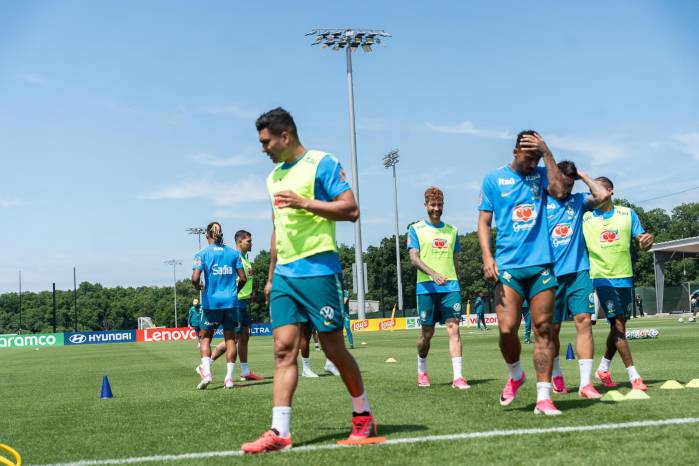 Los jugadores de Brasil participan en una sesión de entrenamiento en Morris Township, Nueva Jersey, Estados Unidos, el 9 de junio de 2026. Brasil integra el Grupo C de la próxima Copa Mundial de la FIFA 2026, que comenzó el 11 de junio de 2026 y se extenderá hasta el 19 de julio de 2026.