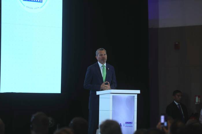 El secretario general de la Organización Marítima Internacional (OMI), Arsenio Domínguez, durante la inauguración de la Convención Marítima de las Américas 2026
