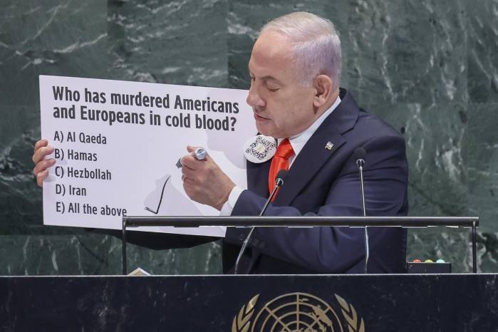 NEW YORK (United States), 26/09/2025.- Prime Minister of Israel Benjamin Netanyahu speaks during the General Debate of the 80th session of the United Nations General Assembly at United Nations headquarters in New York, New York, USA, 26 September 2025. (Nueva York) EFE/EPA/SARAH YENESEL