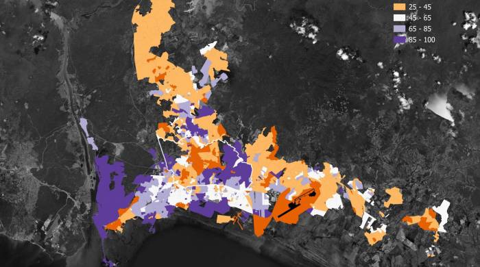 Mapa del porcentaje de hogares con auto según barrio en ciudad de Panamá, de acuerdo al censo de población y vivienda 2023. Este es uno de los pocos indicadores que se logra obtener a un nivel lo suficientemente detallado para entender las dinámicas de la movilidad a nivel comunitario.