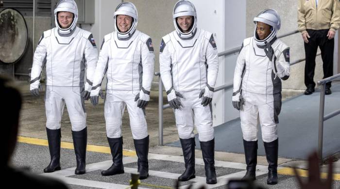 (De i a d) los miembros de la misión comercial tripulada de la NASA y SpaceX a la Estación Espacial Internacional Crew-8: Alexander Grebenkin, Michael Barratt, Matthew Dominick y Jeanette Epps.