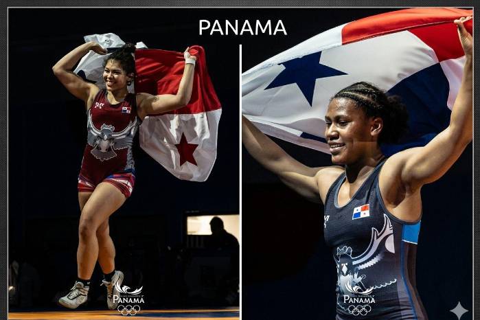 Las atletas panameñas Aisha Williams (izq.) y Aisha Williams (der.) celebran tras ganar una medalla de oro en los IV Juegos Suramericanos de la Juventud Panamá 2026.