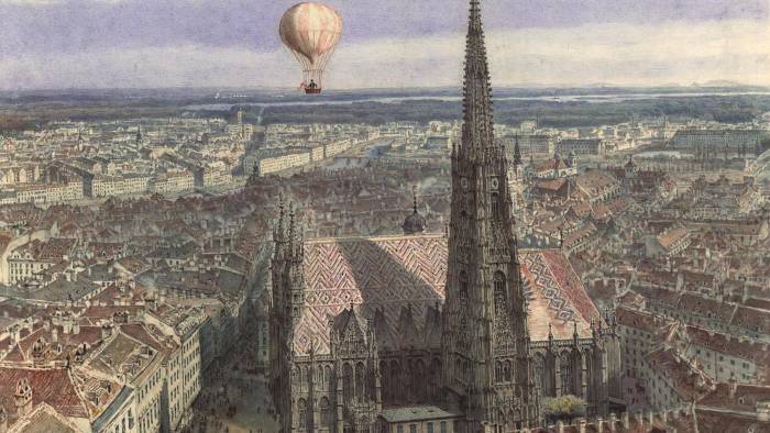 En la imagen, la obra 'Paseo en globo aerostático sobre Viena (Vista de Viena desde el Sudeste con un globo aerostático sobre la ciudad), 1847.