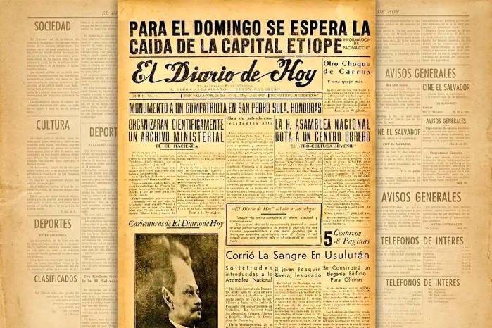 La primera portada de El Diario de Hoy tuvo como noticia principal la invasión de fuerzas militares italianas fascistas a la capital de Etiopía Addis Abeba.