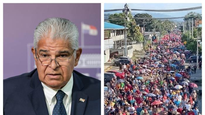 Presidente Mulino (izq) y protestas en Bocas del Toro (der).