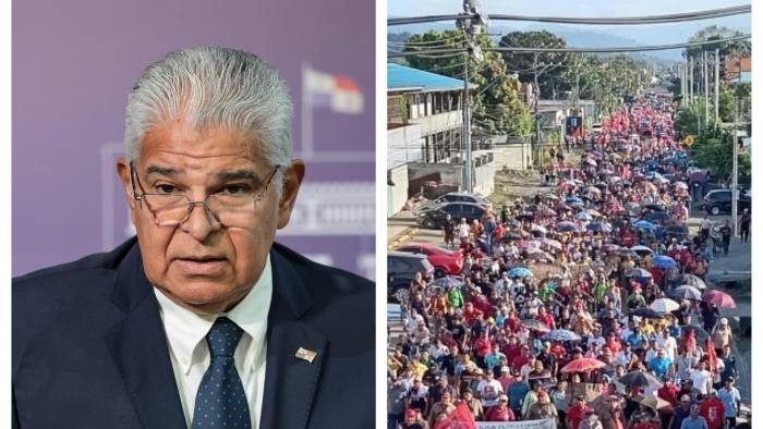 Presidente Mulino (izq) y protestas en Bocas del Toro (der).