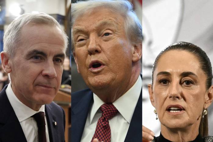 El primer ministro de Canadá, Mark Carney (izq.), el presidente de los Estados Unidos, Donald J. Trump y la presidenta de México, Claudia Sheinbaum.