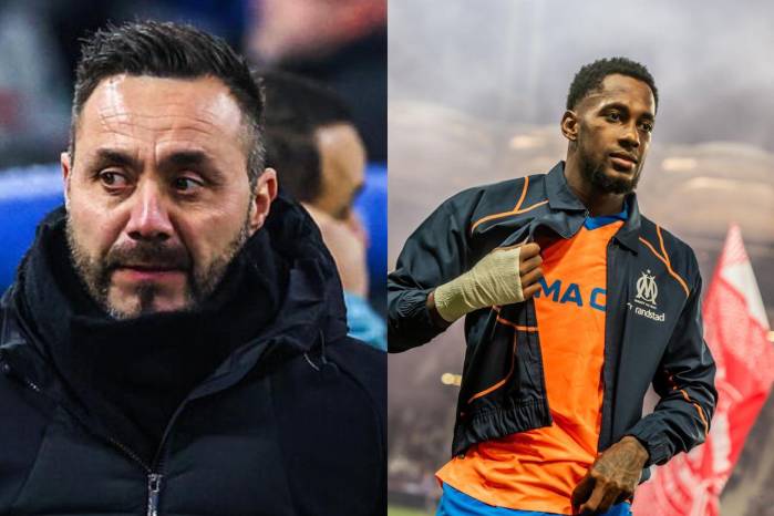 El entrenador del Olympique de Marsella, Roberto De Zerbi (izq.) y el futbolista panameño, Michael Murillo.