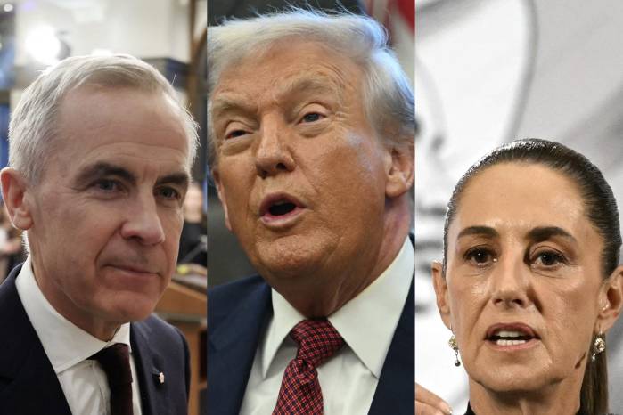 El primer ministro de Canadá, Mark Carney (izq.), el presidente de los Estados Unidos, Donald J. Trump y la presidenta de México, Claudia Sheinbaum.