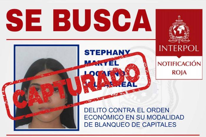 Afiche oficial: Stephany Martel Locarno Lareal contaba con notificación roja de Interpol por el delito de blanqueo de capitales.