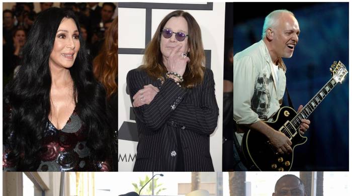 Combo de fotografías de archivo que muestra, arriba desde la izquierda, a la cantante estadounidense Cher, el cantante británico Ozzy Orbourne, y el cantante británico Peter Frampton; abajo los integrantes de la agrupación Kool and the Gang. EFE/ Archivo