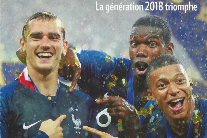 Portada de la revista francesa Paris Match con la leyenda: LE PLUS BEAU JOUR. La génération 2018 triomphe (EL DÍA MÁS BELLO. La generación 2018 triunfa). En la foto Griezmann, Pogba y Mbappé.