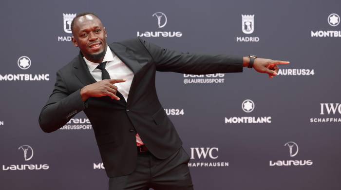 El exatleta jamaicano Usain Bolt a su llegada a la gala de entrega de los Premios Laureus este lunes en el Palacio Cibeles de Madrid.EFE/ Kiko Huesca