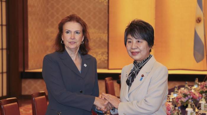 La canciller de Argentina, Diana Mondino, y su homóloga japonesa, Yoko Kamikawa, durante la reunión mantenida este jueves, en Tokio, Japón.