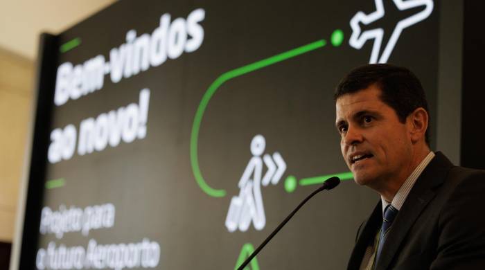 El presidente de Aena Brasil, Santiago Yus, habla durante la presentación del proyecto de ampliación del aeropuerto de Congonhas, este 25 de marzo de 2024, en Sao Paulo.