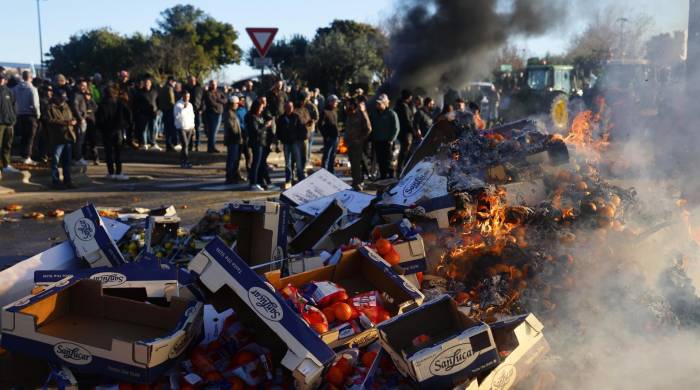 Agricultores franceses queman frutas españolas durante una manifestación en la que han bloqueado la autopista A9 en Nîmes, en el sur de Francia, este 25 de enero de 2024 en demanda de mejores precios.