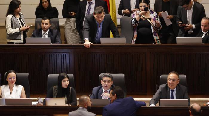 Fotografía de archivo fechada el 7 de mayo de 2024 del presidente de la Cámara de Representantes, Andrés Calle (c-arriba), participa en un debate del proyecto de ley para prohibir las corridas de toros en Bogotá (Colombia).