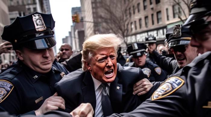 Foto generada por Inteligencia Artificial que muestra al expresidente Donald Trump, siendo arrestado tras el asalto al Capitolio de los Estados Unidos.