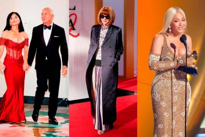 Combo de fotografías de archivo donde aparece Jeff Bezos y su esposa Lauren Sánchez (i), la directora editorial global de Vogue, Anna Wintour (c), y la cantante y compositora Beyoncé.