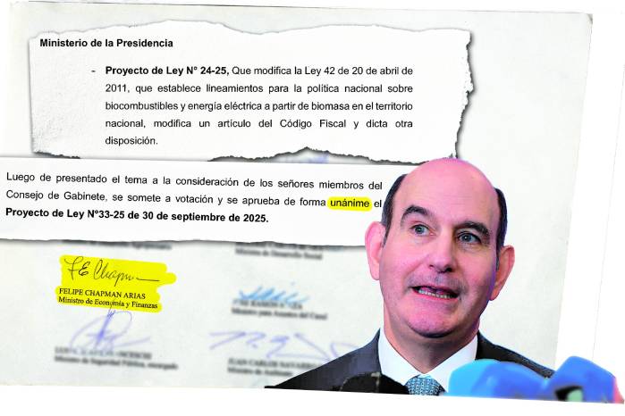 Acta de gabinete de 2025 firmada por Felipe Chapman, ministro de economía y finanzas, cuando la Presidencia presentó el proyecto del bioetanol, a pesar de que aseguró que se declaró impedido.