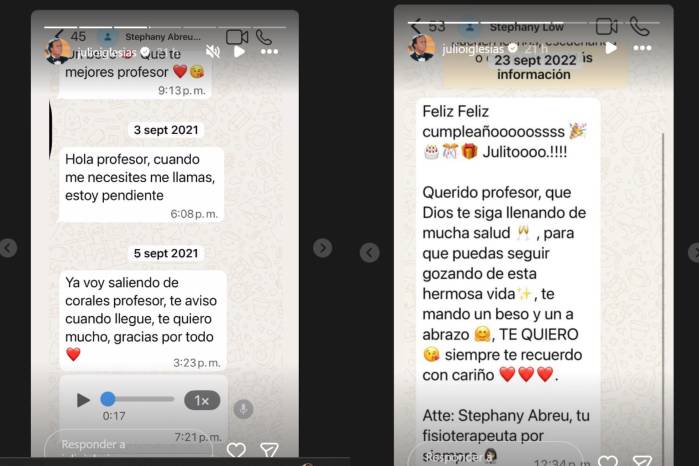 Mensajes de una de las víctimas de Julio Iglesias en el 2022 y en 2023.