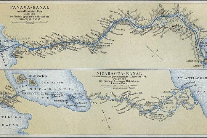 Mapas alemanes de rutas para el Canal Interocéanico tanto en Panamá como Nicaragua.