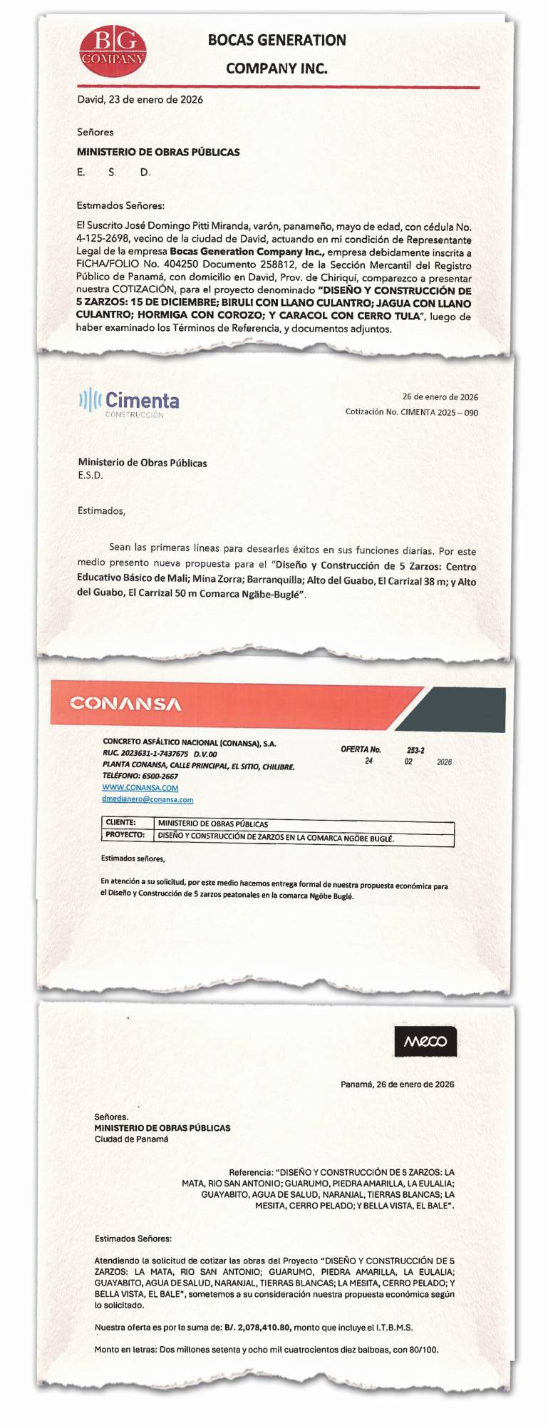 Propuestas de cuatro de las nueve empresas encargadas de construir los zarzos encontradas en Panama Compra.