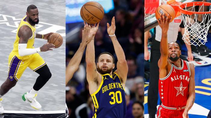 Los basquetbolistas estadounidenses Lebron James (i), Stephen Curry (c) y Kevin Durant.